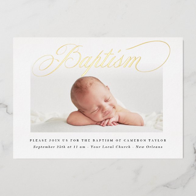 Invitation En Aluminium Simple Subtle Cross One Photo Baptism Gold (Recto)