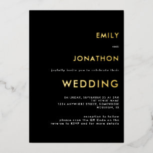 Invitation En Aluminium Simple Typographie Mariage Noir Or Réel