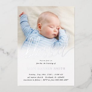 Invitation En Aluminium Simple Une Photo Béni Baptême Argent