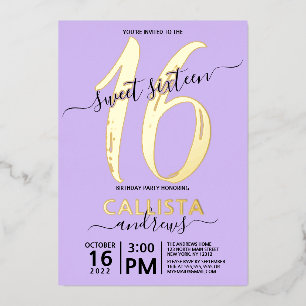Invitation En Aluminium Simple Véritable Lavande Or Douce 16 Anniversaire