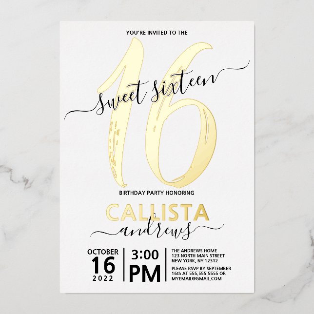 Invitation En Aluminium Simple Vrai Or Blanc Doux 16 Anniversaire (Recto)