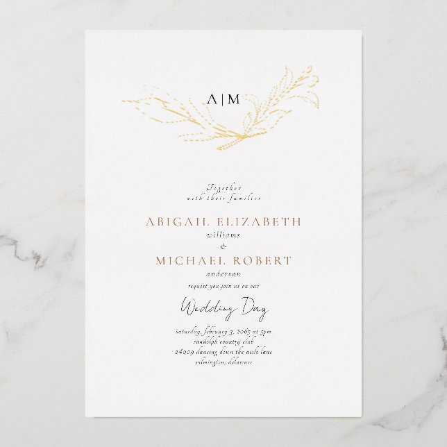 Invitation En Aluminium Simplement Elegant Foliage Mariage Gold (Recto)