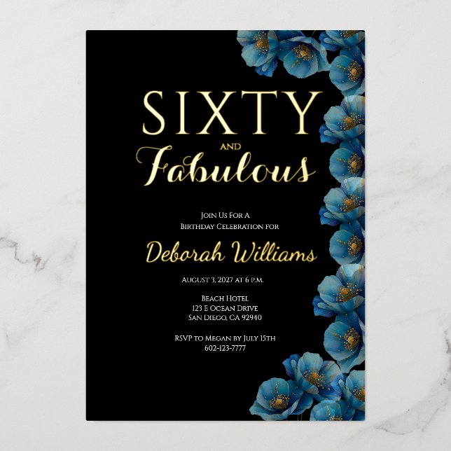 Invitation En Aluminium Sixty and Fabulous Blue Floral Birthday Party (Recto)