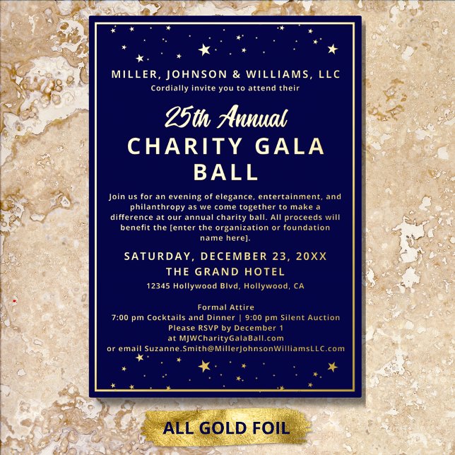 Invitation En Aluminium Société Charity Gala Ball Elegant Bleu Tout (Elegant Charity Gala Ball Invitations in All Gold Foil, fully customizable with your details.)