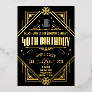 Invitation En Aluminium Soirée d'anniversaire des 40 ans Art déco noir et 