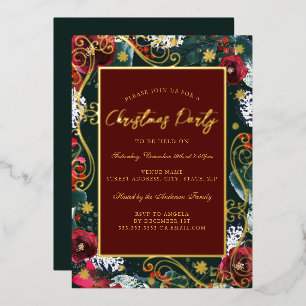 Invitation En Aluminium Soirée de Noël à cadre de fleurs d'or vert