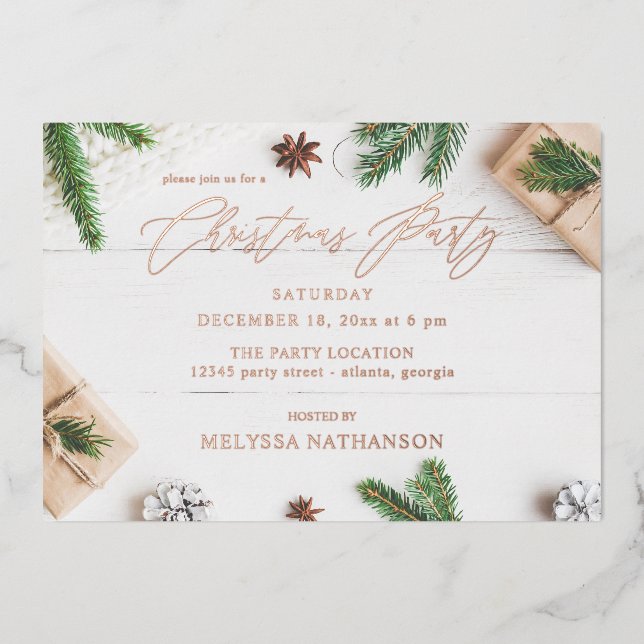 Invitation En Aluminium Soirée de Noël des Feuilles de pin rustique (Recto)