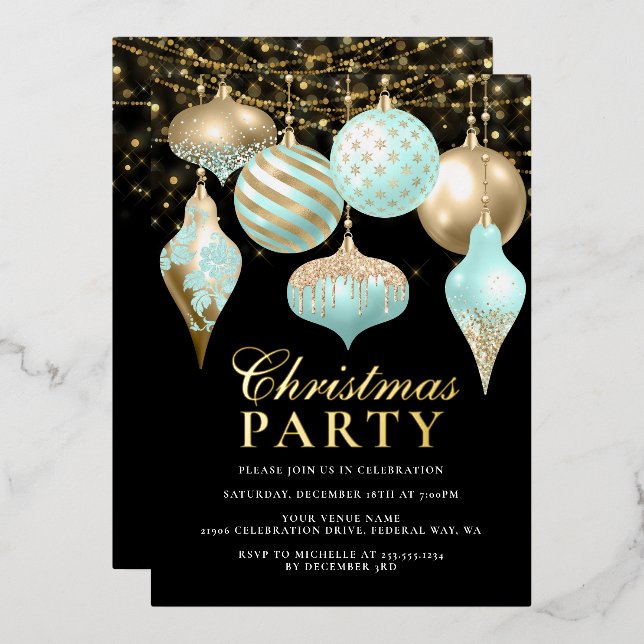Invitation En Aluminium Soirée de Noël Elegant Aqua Gold (Recto/Verso)