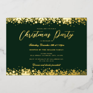 Invitation En Aluminium Soirée de Noël Elegant Gold Green Snowflake