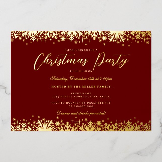 Invitation En Aluminium Soirée de Noël Elegant Gold Red Snowflake (Recto)