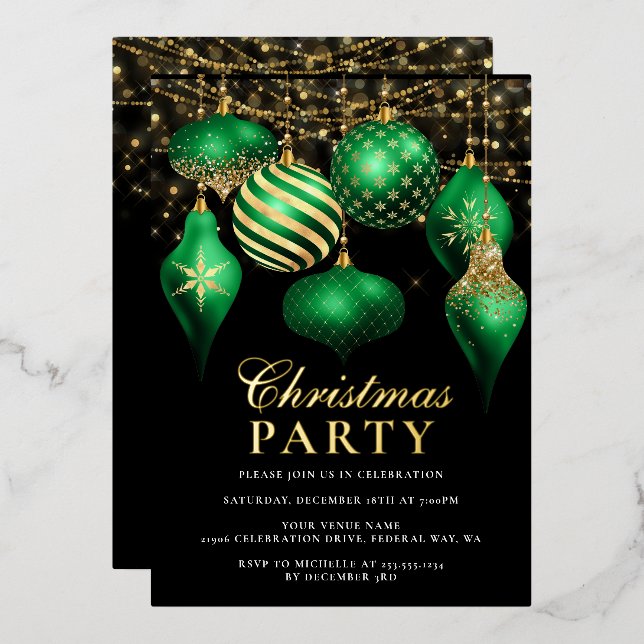 Invitation En Aluminium Soirée de Noël Elegant Green Gold (Recto/Verso)