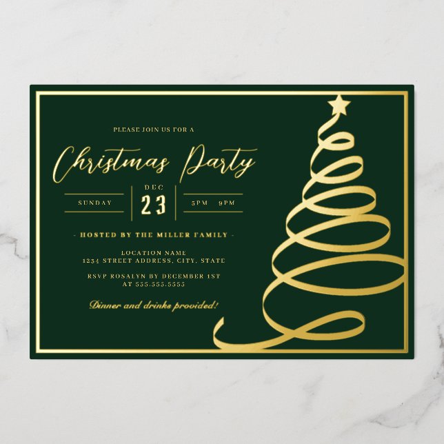 Invitation En Aluminium Soirée de Noël Elegant Green Gold Tree (Recto)