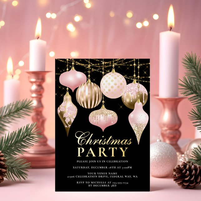 Invitation En Aluminium Soirée de Noël élégante en or rose pâle (Elegant Blush Pink Gold Ornaments Christmas Party Foil Invitation)