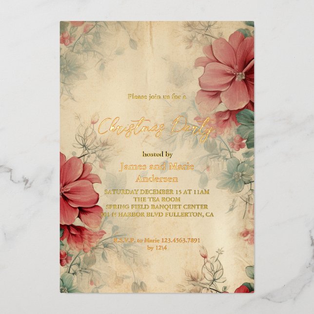Invitation En Aluminium Soirée de Noël Florale d'hiver (Recto)