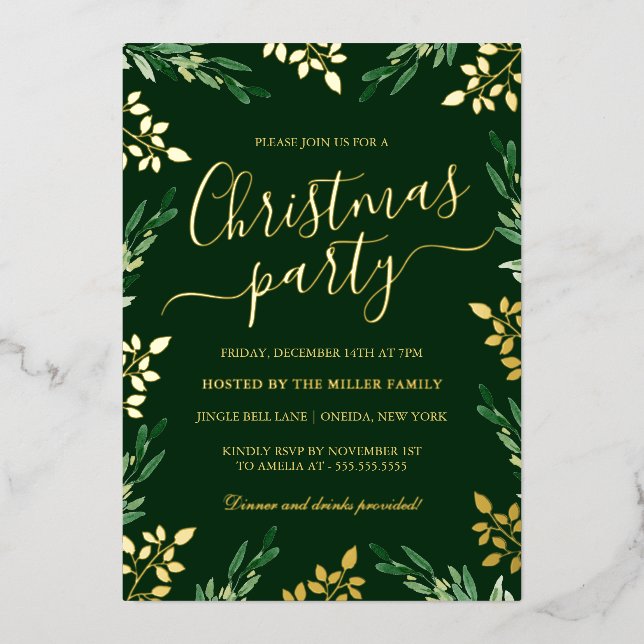Invitation En Aluminium Soirée de Noël Gold Green Leaf (Recto)