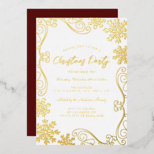 Invitation En Aluminium Soirée de Noël Gold Red Swirl Snowflake