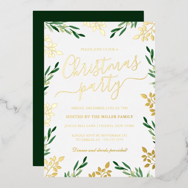 Invitation En Aluminium Soirée de Noël Green Gold Leaf (Recto/Verso)