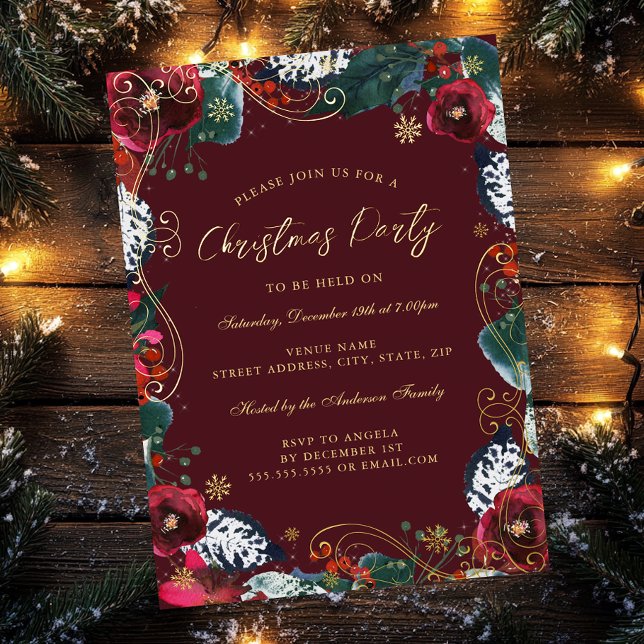 Invitation En Aluminium Soirée de Noël Rouge or Vert Floral (Créateur téléchargé)