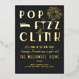 Invitation En Aluminium Soirée du Nouvel An Gatsby Pop Fizz Clink Art Déco