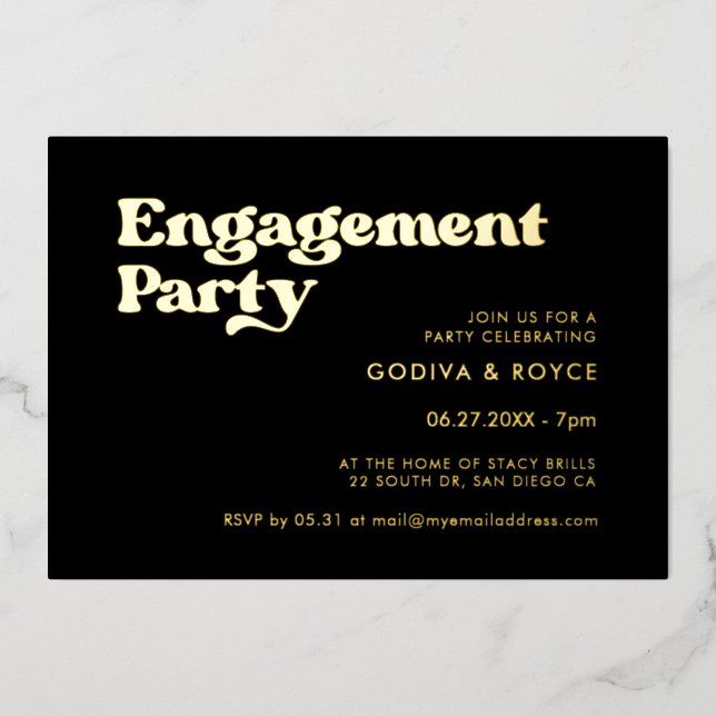 Invitation En Aluminium Soirée élégante rétro noir & or (Recto)