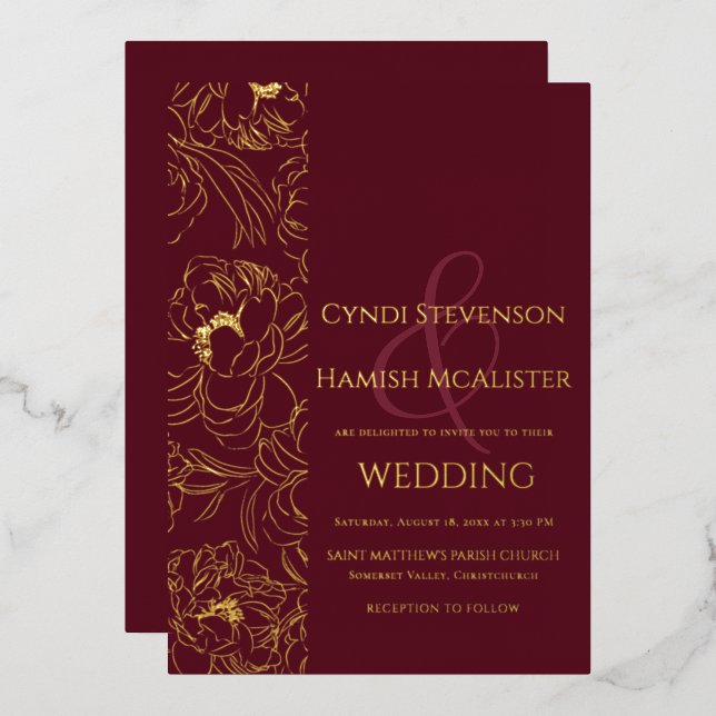 Invitation En Aluminium Soirée Floral Bourgogne Mariage Foil (Recto/Verso)