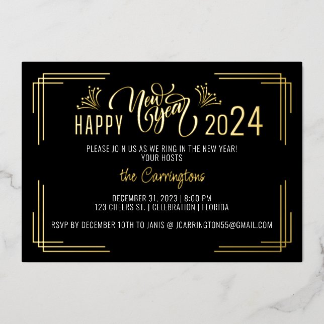 Invitation En Aluminium Soirée Gold & Black du Nouvel An (Recto)