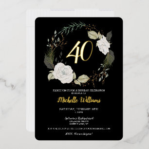 Invitation En Aluminium Soirée moderne 40e anniversaire Floral Wreath Gold