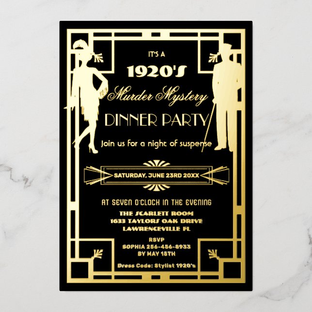 Invitation En Aluminium Soirée mystère de meurtre Art Déco années 20 réell (Recto)