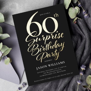 Invitation En Aluminium Soirée surprise pour les 60 ans, thème noir et or