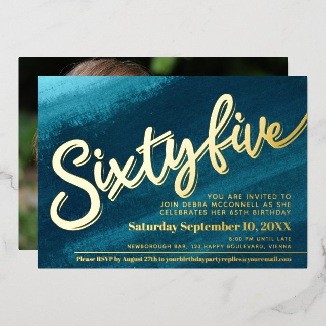 Invitation En Aluminium Soixante-cinq 65e anniversaire aqua turquoise or p (Recto/Verso)