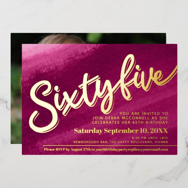 Invitation En Aluminium Soixante-cinq 65e anniversaire or rouge rose photo (Recto/Verso)