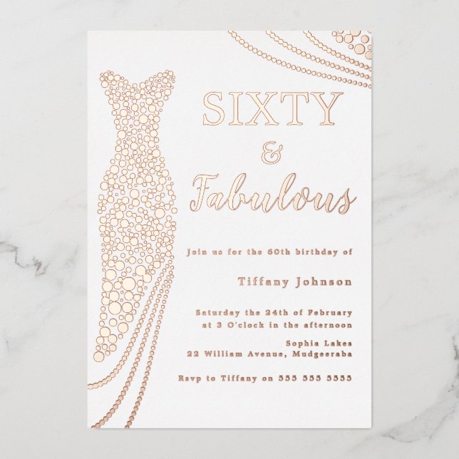 Invitation En Aluminium Soixante et fabuleux ! Robe d'or rose 60e annivers (Recto)