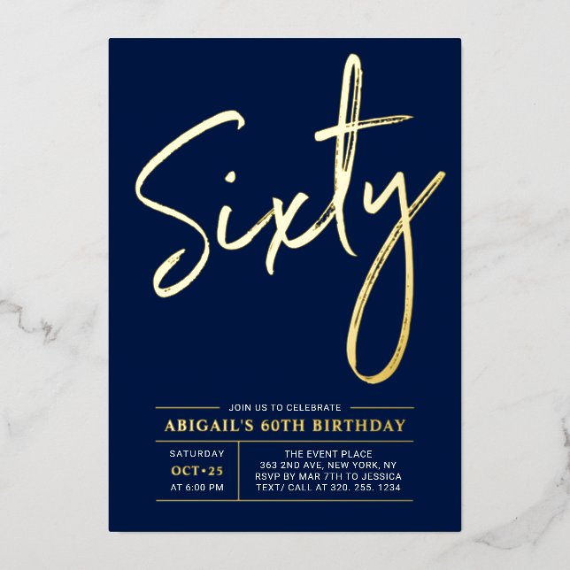 Invitation En Aluminium Soixante | Modern Gold Navy 60e fête d'anniversair (Recto)