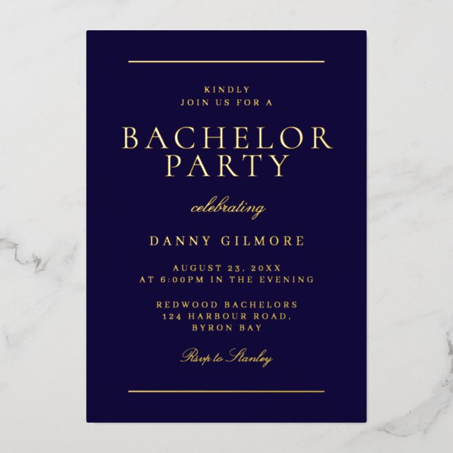 Invitation En Aluminium Sophisticated Modern Bachelor Party Navy & Gold (Recto)