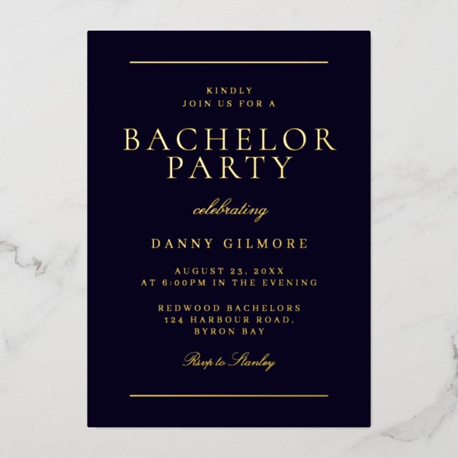 Invitation En Aluminium Sophistiqué Moderne Bachelor Party Noir & Or (Recto)