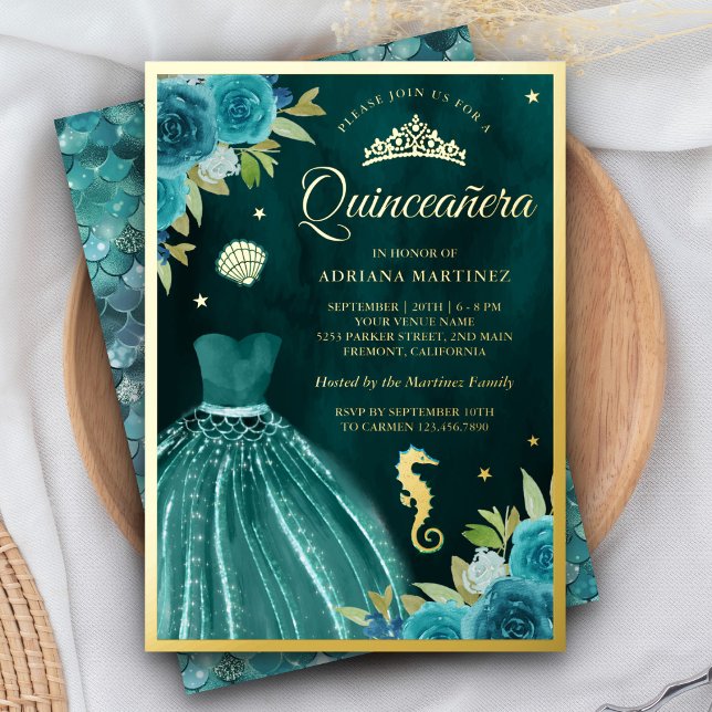 Invitation En Aluminium Sous la mer Turquoise foncée sirène Quinceanera or (Créateur téléchargé)