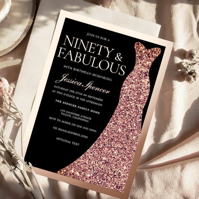 Invitation En Aluminium Sparkle Dress 90th Birthday Party Black Rose Gold  (Créateur téléchargé)