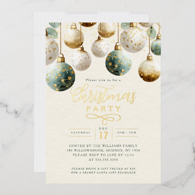 Invitation En Aluminium Sparkle Green Golden Baubles Christmas Party  (Enveloppe)
