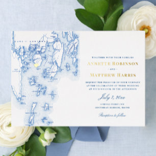 Invitation En Aluminium Spruce Point Inn Maine Mariage Navy et Or