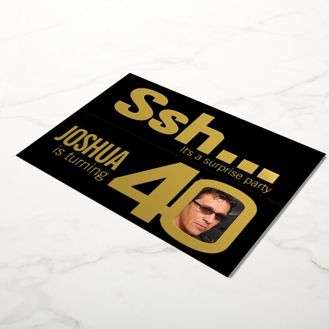 Invitation En Aluminium Ssh... Surprise 40e anniversaire fête or noir (Rotation)