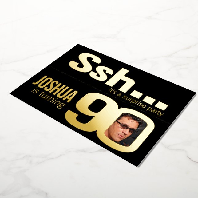 Invitation En Aluminium Ssh... Surprise 90e anniversaire fête or noir (Rotation)
