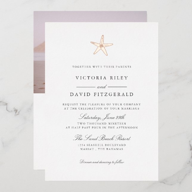 Invitation En Aluminium Starfish Elegant Ocean Beach MARIAGE ROSE OR V3 (Recto/Verso)