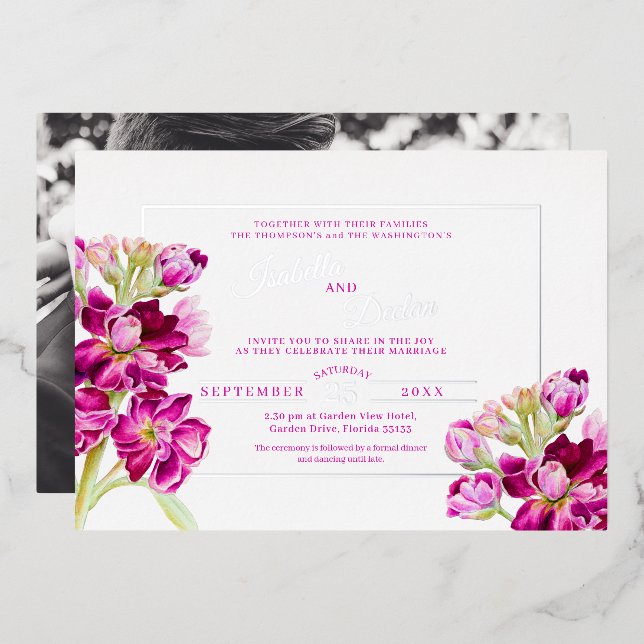 Invitation En Aluminium Stock rose foncé aquarelle mariage cadre or  (Recto/Verso)