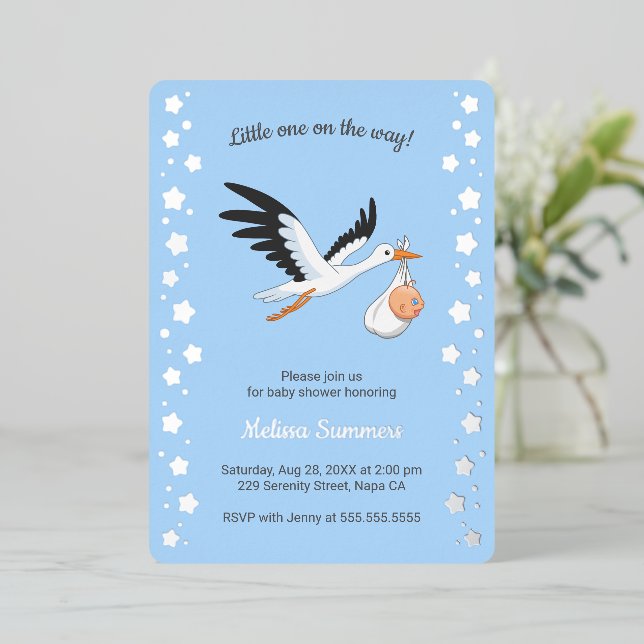 Invitation En Aluminium Stork Carrying Baby Selfie Baby Shower Blue (Debout devant)