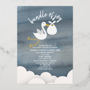 Invitation En Aluminium Stork White Bundle Of Joy Stars Baby shower