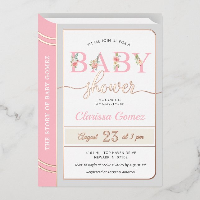 Invitation En Aluminium Storybook Fairytale Baby Girl Douche rose rose ros (Recto)