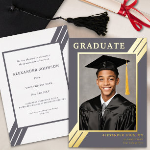 Invitation En Aluminium Stripes modernes Graduate Photo Gris et or