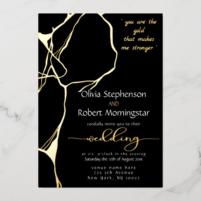 Invitation En Aluminium Stunning Black and Gold Kintsugi (Recto)