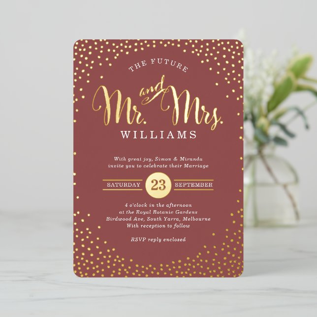 Invitation En Aluminium STYLE MODERNE MARIAGE mini confetti marsala or (Debout devant)