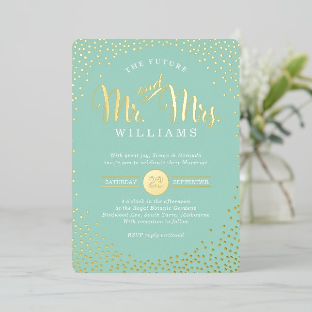 Invitation En Aluminium STYLE MODERNE MARIAGE mini confetti menthe or (Debout devant)